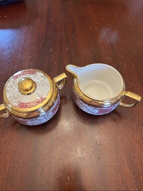 Piccadilly Vintage Gold-Trim Red and White Porcelain Sugar & Creamer Set